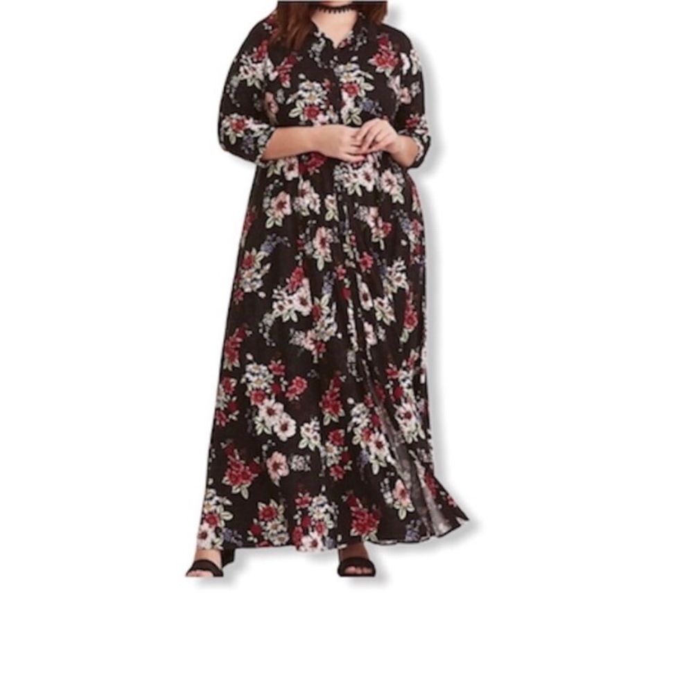 NWT Torrid Black Floral Challis Maxi Shirt Dress
